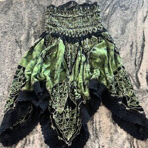 Tie-dye dress skirt shirring bodice intricate light green embroidery bohemian
